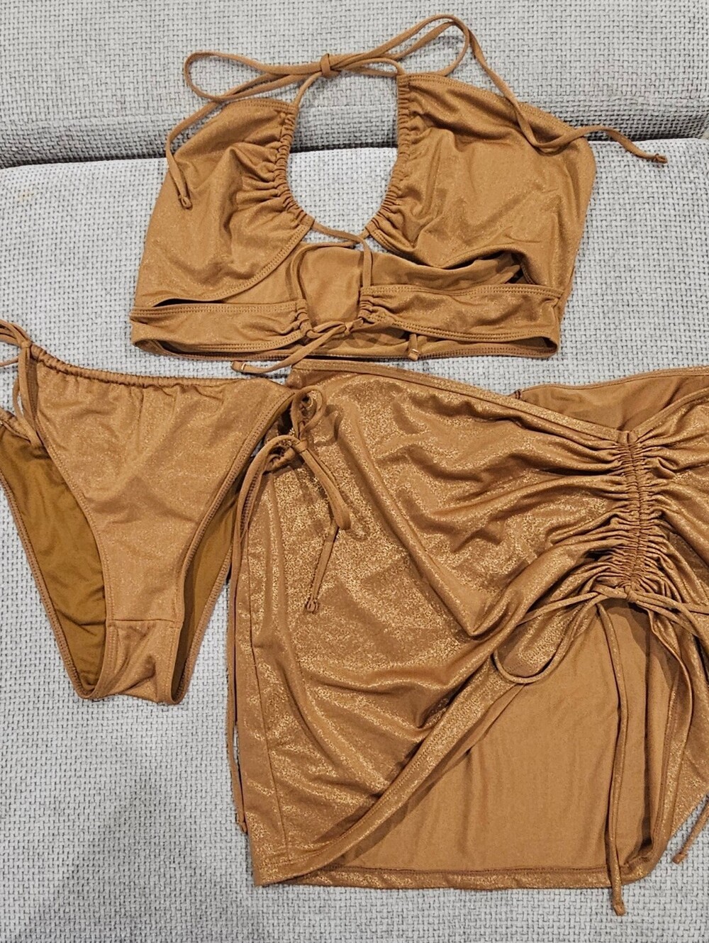 Fashion Nova Shimmery Tan Ruched Triangle Bikini Set with Skirt